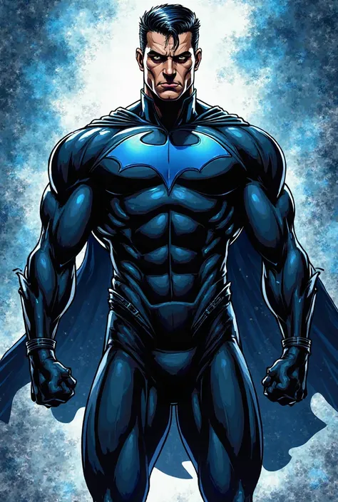 An Invincible, in a black and blue superhero costume, comic-style man with short hair and a serious expression 