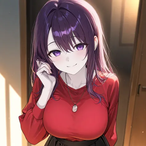 A girl with long, messy, purple hair, purple eyes, pale skin, crazy, But a kind look With a smile, tired look. Red blouse, black, long skirt. Quite large breasts. The girl is not tall