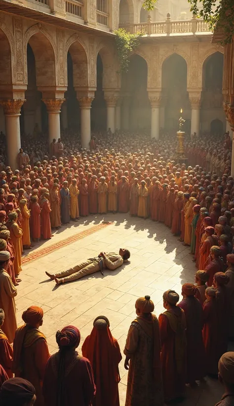 draw me a picture of a grand palace courtyard filled with hundreds of people wearing robes and turbans watching a man lying on a place seen from above in silence and sunlight.