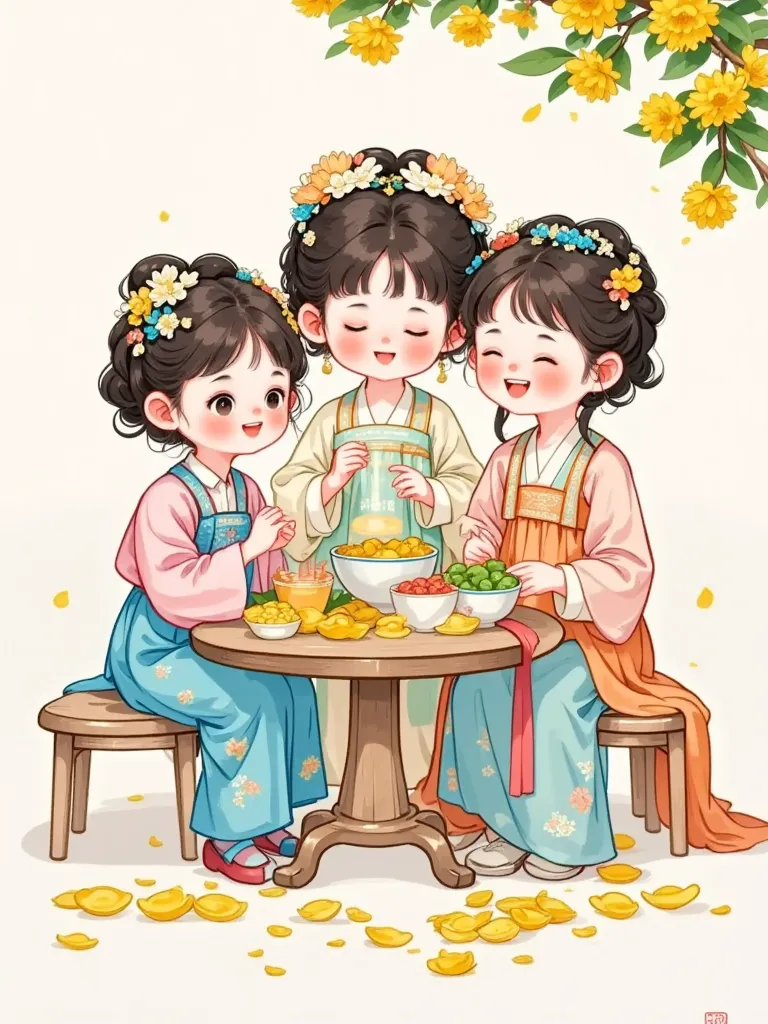     Three cute girls    ，full body，May Botham，chrysanthemum，Three cute girls sitting around the table