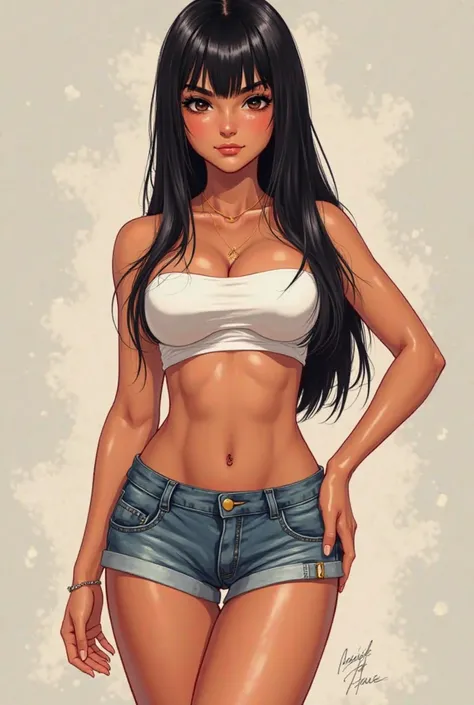 Anime girl latina straigh black hair tanned skin breasts standing short shorts