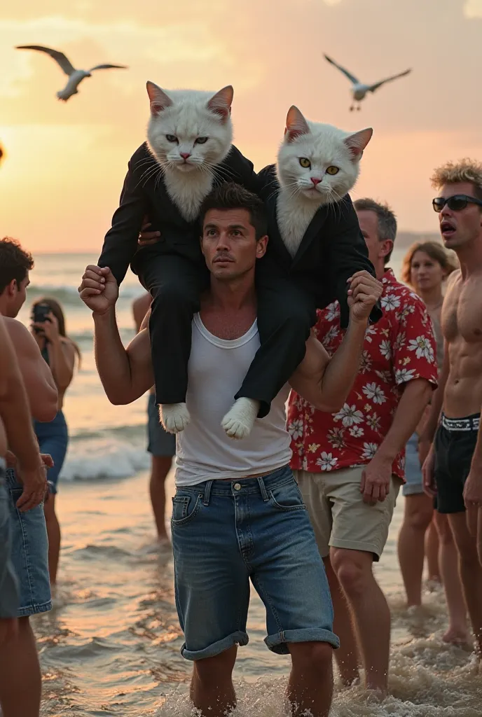 "A dramatic seaside scene at sunset, where two anthropomorphic white cats in black suits are being carried on the shoulders of two strong men. One man is tall and muscular, wearing a white tank top and blue jeans, with short, dark hair and a determined exp...