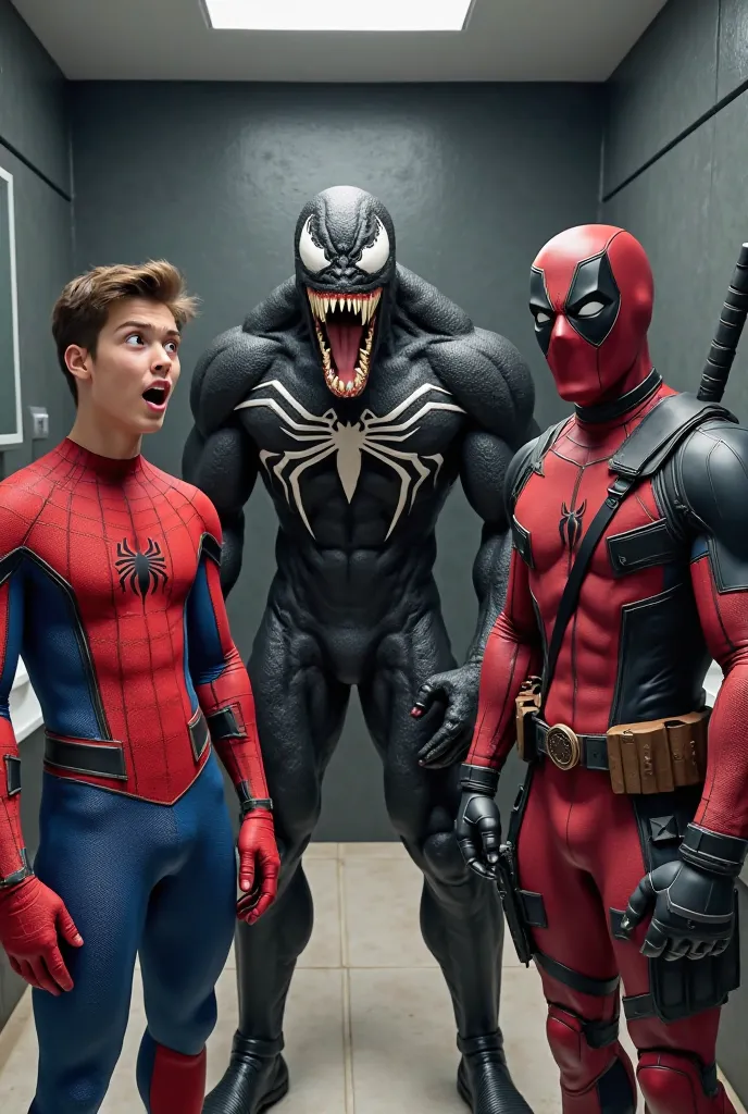 8k realistic ultra HDR Three characters, Spider-Man, Venom, and Deadpool, are positioned in a modern bathroom setting. Spider-Man, on the left, is a light-skinned male, appearing young adult, and wears a red and blue spandex superhero suit.  He has an open...