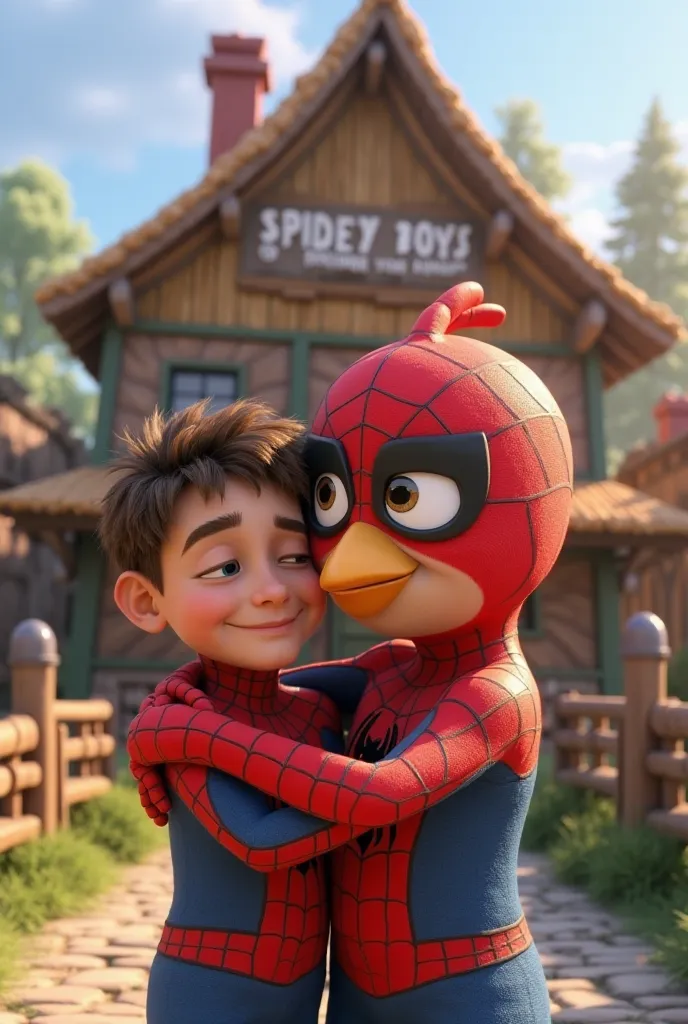 A highly detailed 3D-rendered scene of Spider Boy hugging Red from Angry Birds in the middle of the Angry Birds village during daytime. Spider Boy’s face is fully visible with a warm and happy expression, his eyes slightly closed as he embraces Red. His re...