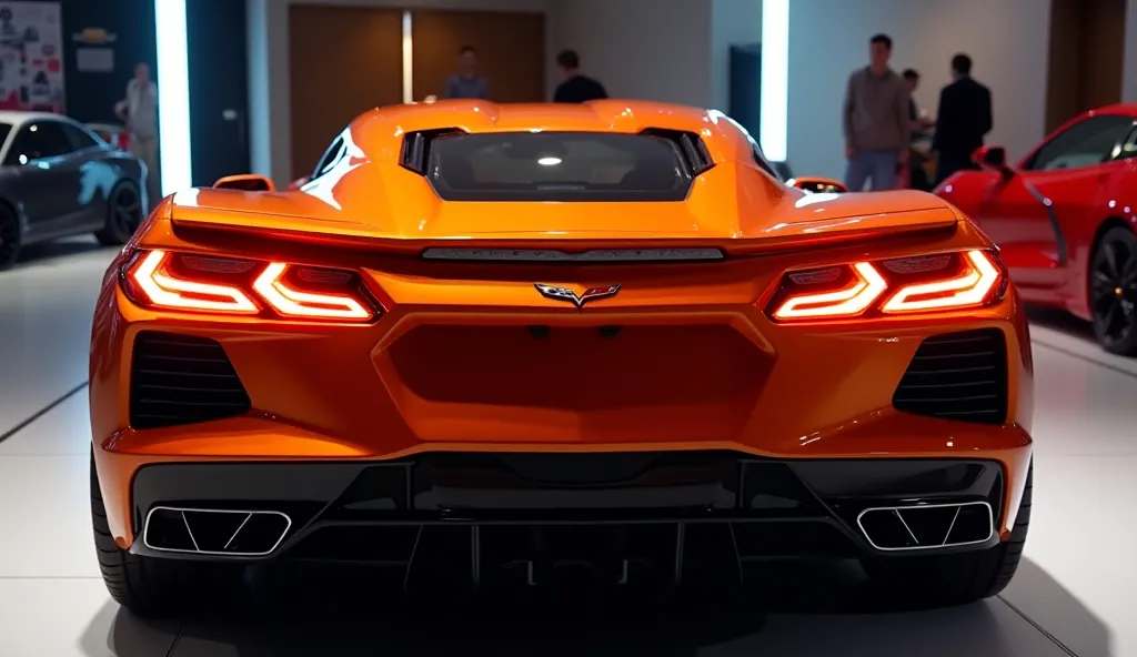 2. Direct Rear View

"A 2026 Corvette in a futuristic redesign, captured from a direct rear perspective. The car’s exterior is finished in a striking Sebring Orange Tintcoat paint with a deep gloss, reflecting ambient light in a high-end showroom. The rear...