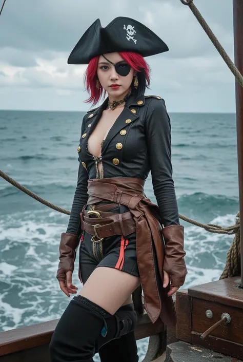 A beautiful girl pirates,with black hat,skull symbol, short black red hair