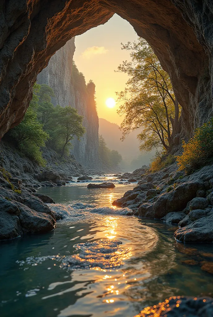 A very clear ultra HD dynamic image of "A mesmerizing time-lapse scene of the mystical cave entrance, where the seasons change rapidly—trees growing and withering, rivers swelling and drying up, the sun rising and setting in a blink. The concept of time fl...