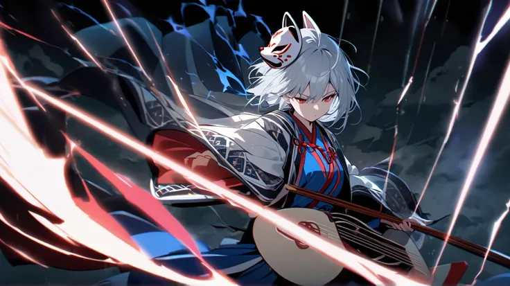 A powerful and intense scene featuring Yuki, the 'Lofi Shrine Maiden of Snow,' playing a shamisen with electrifying energy. She wears a sleek white and blue kimono layered with a modern sukajan jacket. Her silver hair flows wildly as she strikes the string...