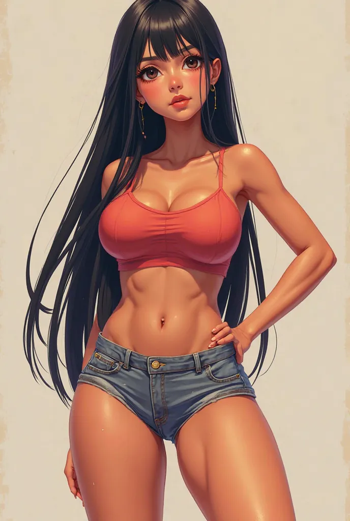 Anime girl latina straigh black hair tanned skin breasts standing short shorts