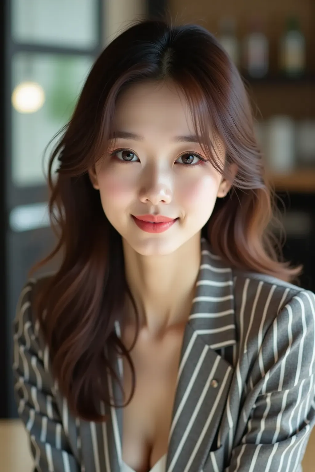 Professional photo shoot of a beautiful woman using natural light、A cute Japanese with brown hair, a 16-year-old with a small, sharp face, big eyes and well-balanced round contours、I use dark cherry red for eyeshadow and lips, and use fairy pink for makeup...