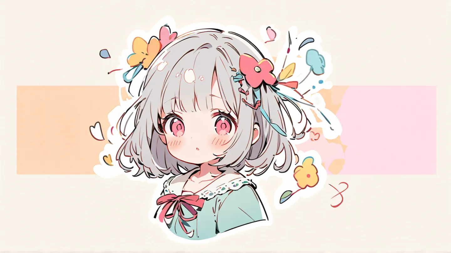  standing picture,  three-sided view （1 girl, Grey Hair, stupid hair,  blushes, ribbons）, character design drawing