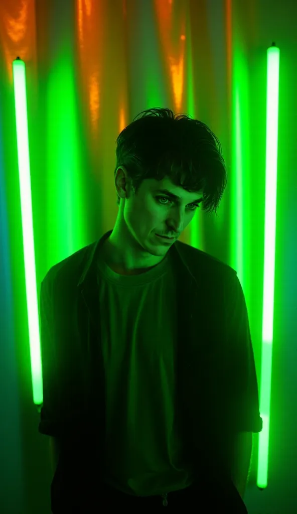 A futuristic, cinematic portrait of a man, illuminated with green and orange neon lights. The dramatic lighting creates high contrast on the face, casting intense shadows and highlighting the features with a digital chiaroscuro effect. The person is wearin...