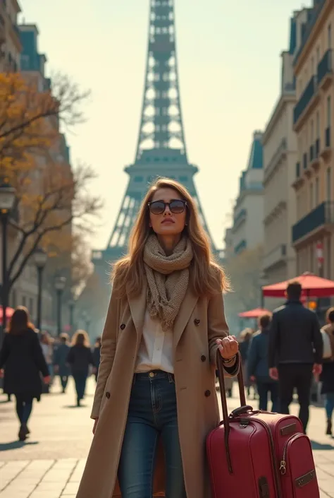 I want photos of that same woman traveling to Paris