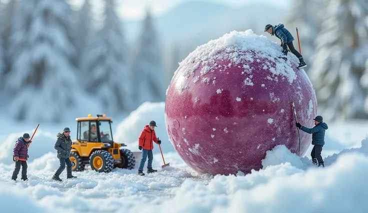 In an icy winter landscape, ((realistic human miniatures)) are scaling a gigantic frozen grape, using tiny ice picks and ropes to carve chunks for an enormous fruit slushy. A tiny snowplow clears the frozen grape pieces, while a mini bartender in a ski jac...