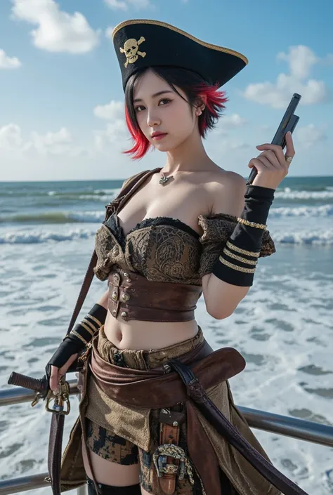 A beautiful girl pirates,with black hat,skull symbol, short black red hair,gun on left hand  and sword on right hand