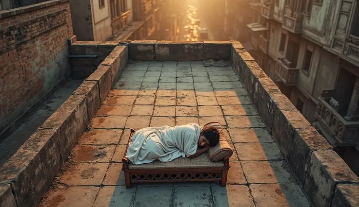 From a high, bird’s-eye view captured by a drone, the ancient rooftop of an old Lahore building unfolds under the soft, golden light of sunrise. The weathered roof—with its cracked tiles and faded mortar—stretches across the frame, bordered by narrow, vint...