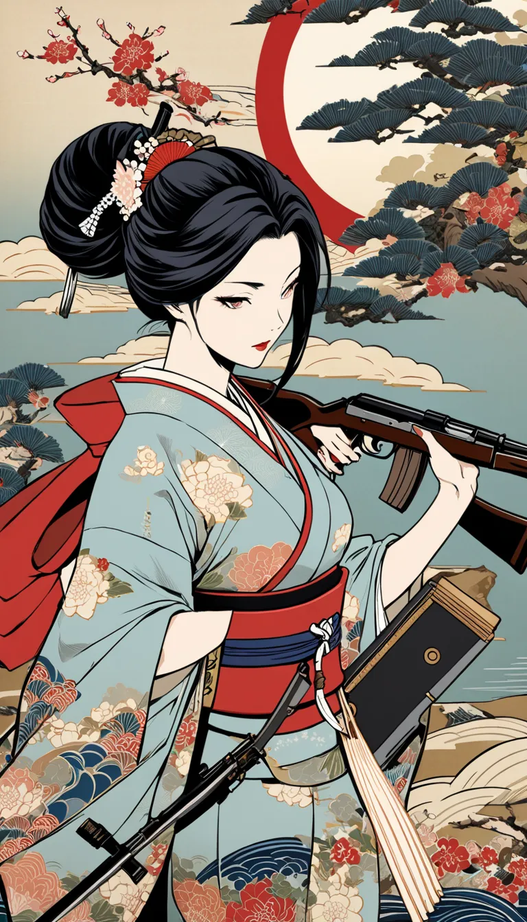 Ukiyo-e, ultra complexe haute détail, belle culture traditionnelle japonaise,  jouant avec une AK47