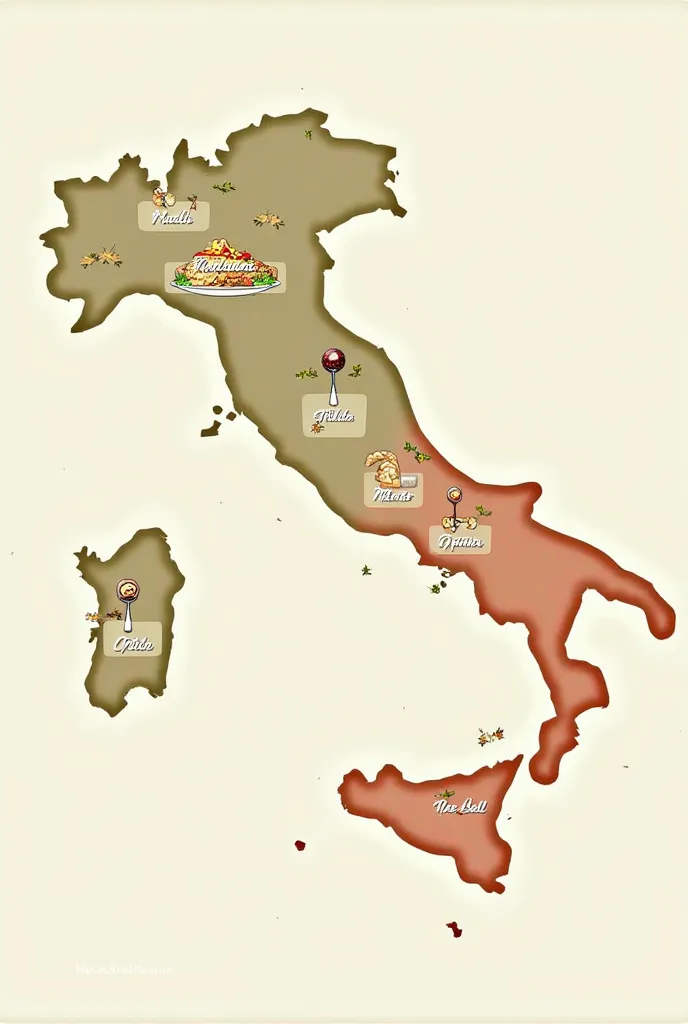 Create a visually appealing, slightly stylized map of Italy. Use soft, earthy colors (terracotta, olive green, cream) and a slightly vintage or hand-drawn feel. Place small, simple illustrations representing each regional dish near its origin: a pizza slic...