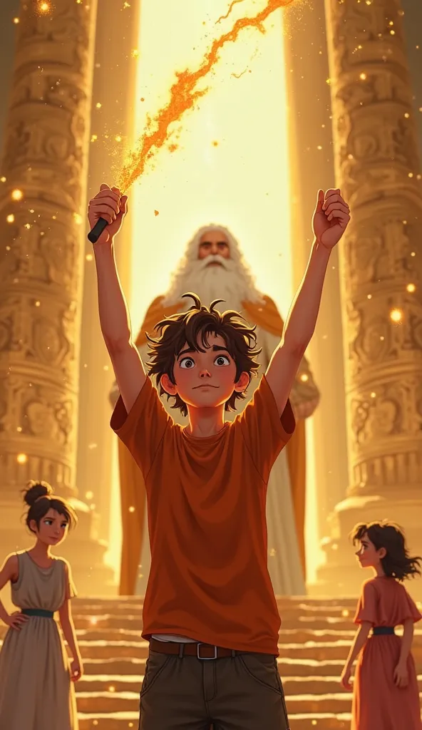 Percy Jackson is a  boy with messy brown hair, an orange shirt, and bright, curious eyes. Percy Jackson stands triumphantly in front of Zeus’ majestic throne, holding the lightning bolt high in the air as a sign of victory. The throne room is awe-inspiring...