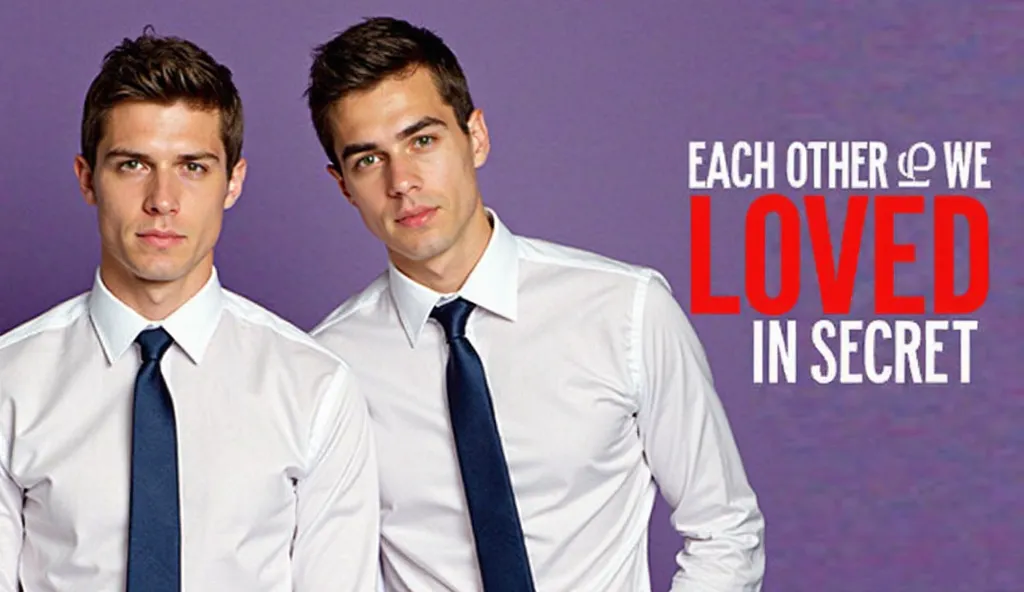 The image features two young men dressed in white dress shirts and dark blue ties, standing side by side against a purple background. They have similar facial features, suggesting they might be twins or closely related. Their expressions are serious and co...