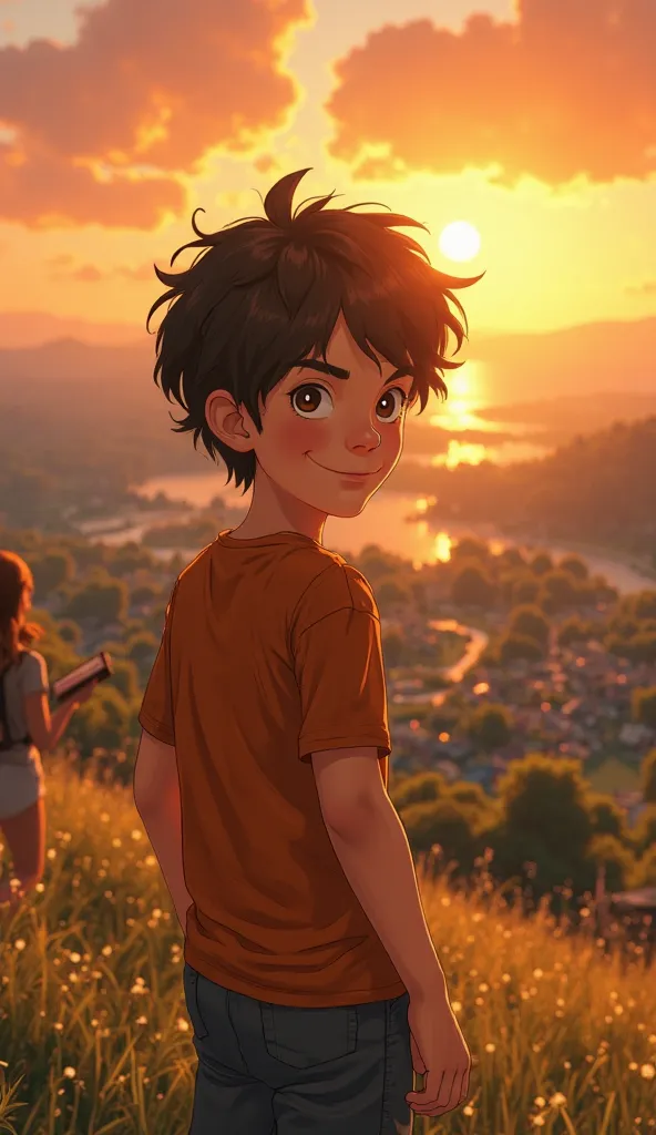 Percy Jackson is a  boy with messy brown hair, an orange shirt, and bright, curious eyes. Percy Jackson, Annabeth, and Grover stand on a hill overlooking the camp, the setting sun casting a warm glow across the scene. Percy’s eyes are filled with excitemen...