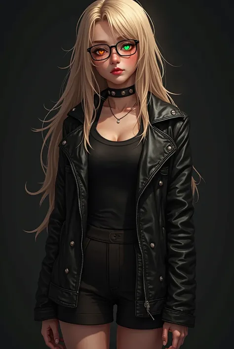 A girl that is 19 years old one of her eyes is demon orange eye the other eye is closed the girl also has a blonde long hair and she is wearing black tank top  and jacket a leather black one and also you can see a black backround she is also wearing glasse...