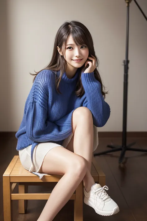 A Japanese model is taking a portrait while sitting on a chair wearing a blue sweater、semi-long hair、Professional Lighting、wearing white sneakers、 Beautiful Japanese、art deco interior、looking at the camera、 beautiful eyes in every detail 、 cute smile up to...