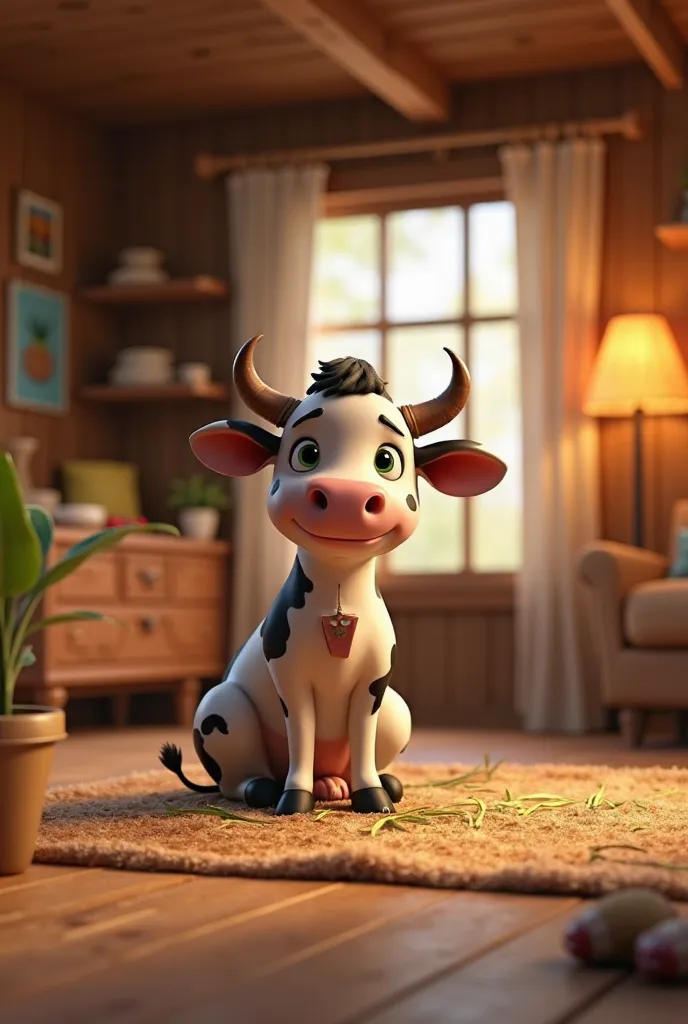 The cow is now inside a clean and comfortable home, looking well-fed and happy. It sits on a soft bed of hay, wearing a small decorative cloth on its back, symbolizing its success. The house is simple but well-maintained, with a peaceful atmosphere. A warm...