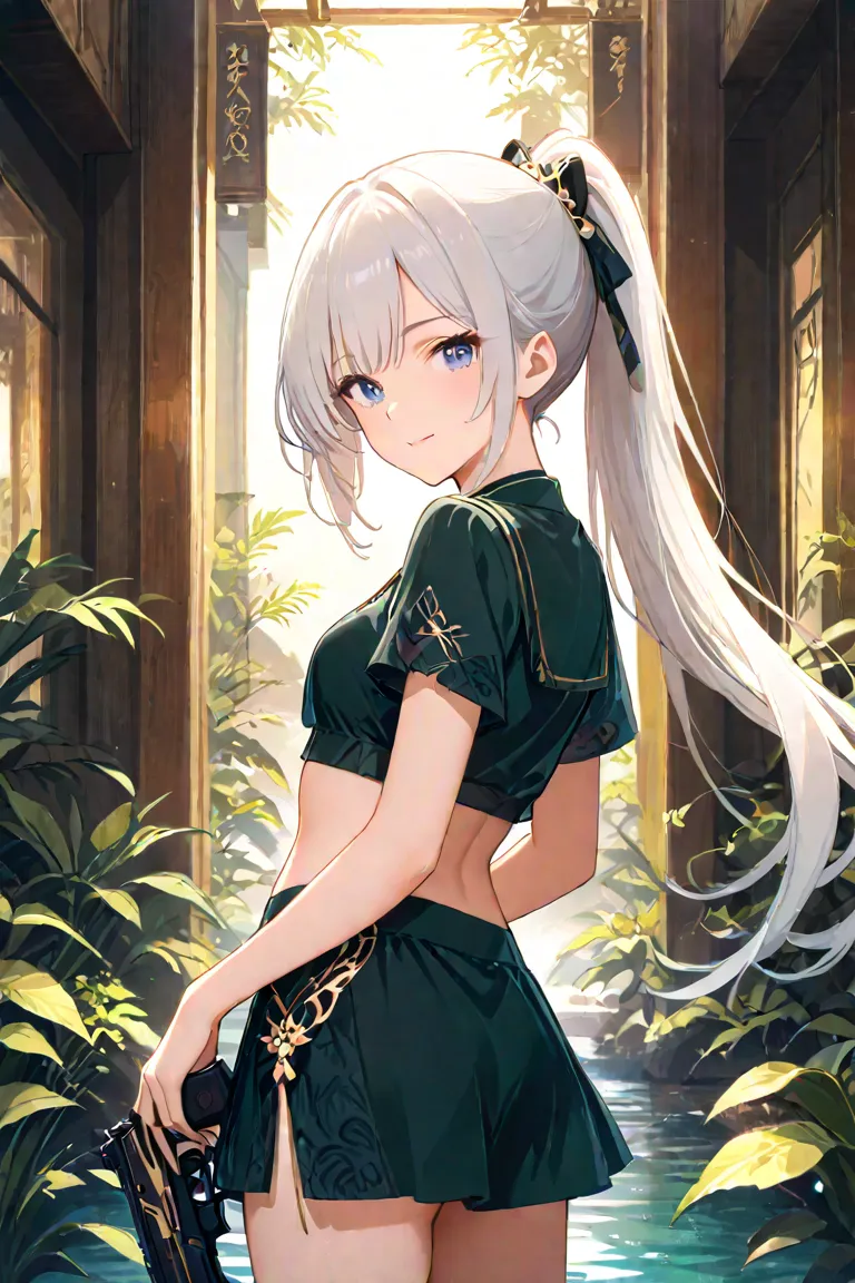 a girl wearing short serafuki that end above midriff with a mini-skirt. long white hair with ponytail. she is holding a gun in one hand, turning back with a graceful smile