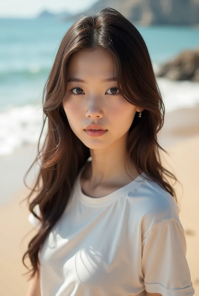 ((masterpiece)), ((Best Quality)), (portrait of a beautiful girl),(Best quality, High resolution, Masterpiece :1.3), A pretty woman, Slender figure, Dark brown hair, T-shirt, (Sandy beach with gentle waves), Highly detailed face and skin texture, Detailed ...