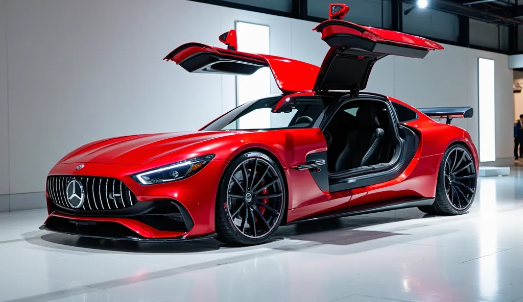 Generate the image side view  of a  (2025 Mercedes-AMG SLR McLaren)  red) seating pristine showroom 