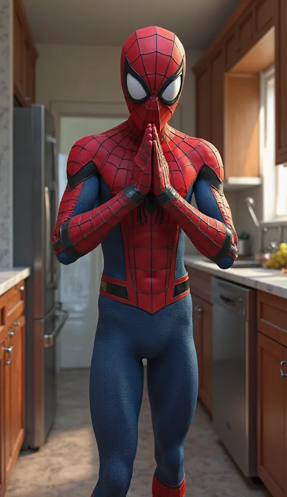 A highly realistic 3D render of Spider-Man standing in a modern kitchen, facing the camera with his hands pressed together in a pleading gesture. His red and blue suit is slightly wrinkled from movement, and his large white eye lenses are widened, emphasiz...