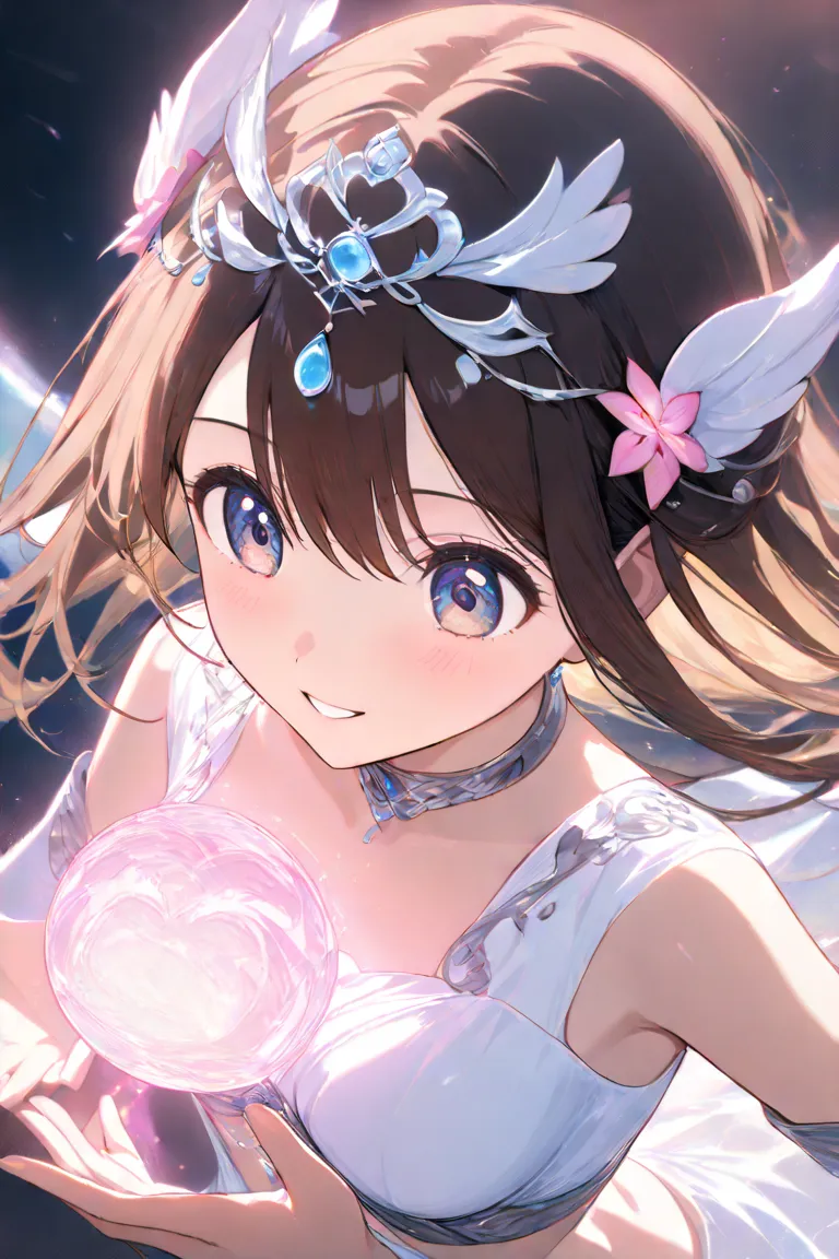 high quality　best image quality　Super Detail　Hi-Res　WHITE DANCER 　long brown hair　  pink flower hair ornament  　 medium chest　anime style　 open　Smiling Face