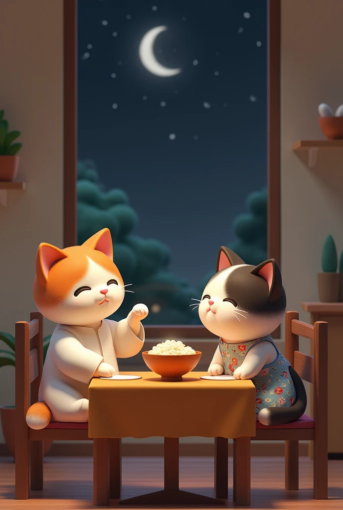 A small chibi calico cat with fluffy white, orange, and black fur sits at the kitchen table, wearing an oversized white kurta that's slightly wrinkled. His round ears droop as he fights sleep, one eye half-open while lazily poking at a bowl of rice with hi...