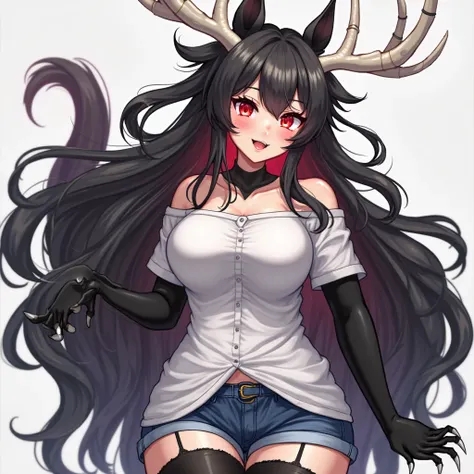 solo high quality, highly detailed, glowing red eyes, fangs, sharp white claws, large white antlers, long black hair, black deer ears, black furry arms and hands, black furry legs, white shirt, blue denim shorts, blushing, large breasts, curvy, thick thigh...