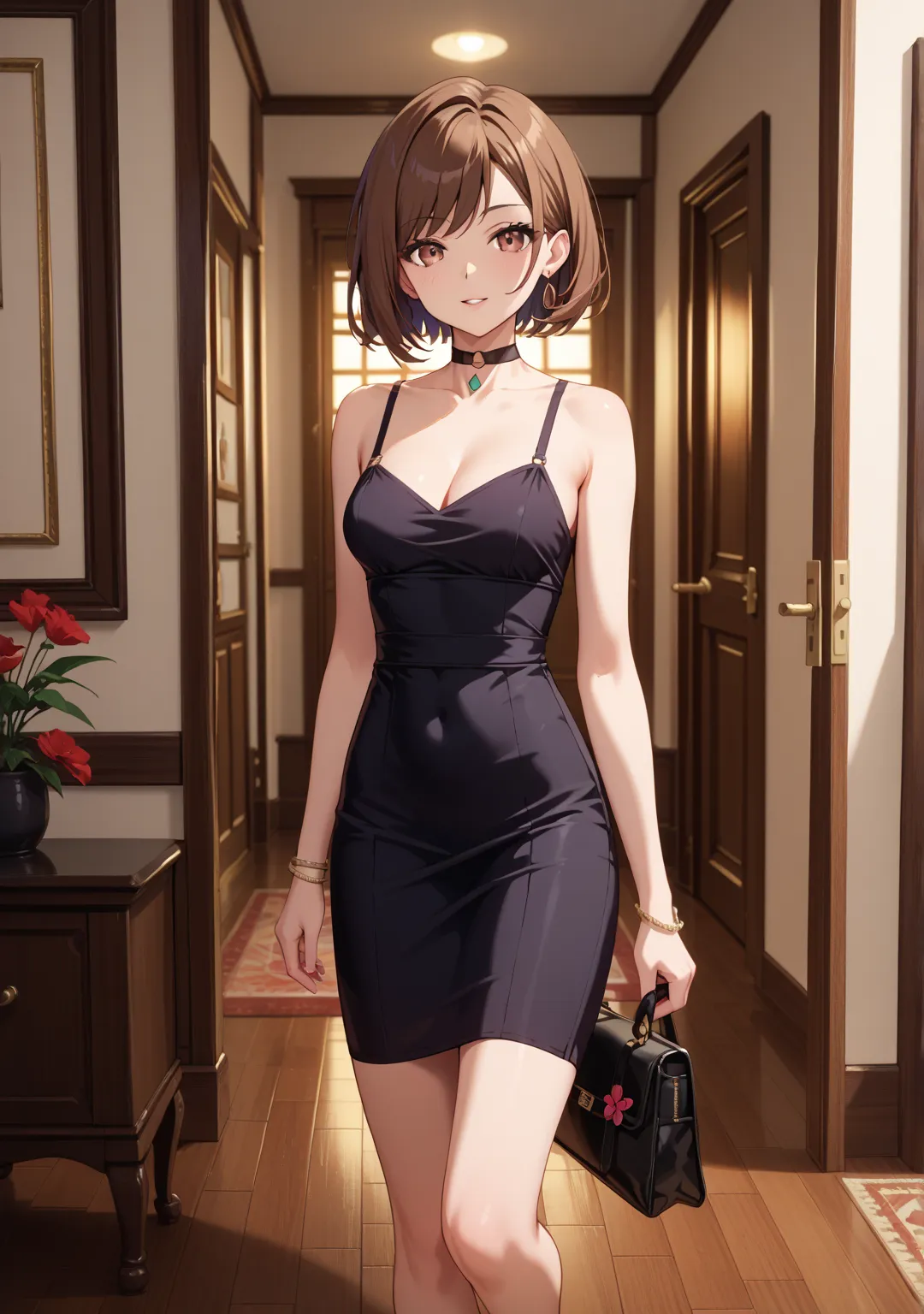 nsfw,night,one girl,,short hair,straight hair ,brown hair,brown eyes,swept bangs,black dress,bag,lounge,walking,,Fat men,open the door,choker,slender,Jacket