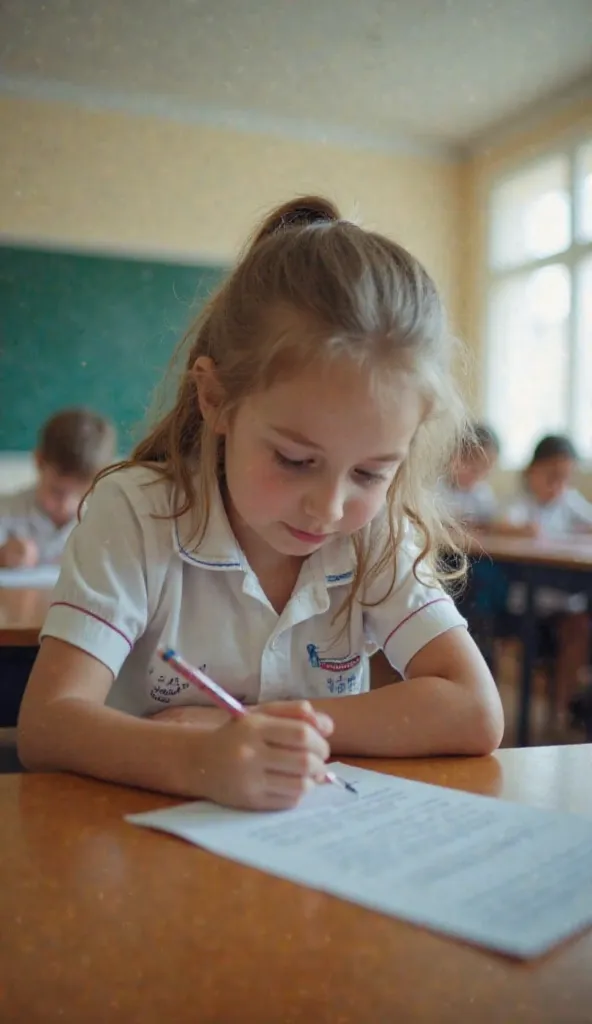 Young schoolgirl in classroom, the girl Bent over the table.