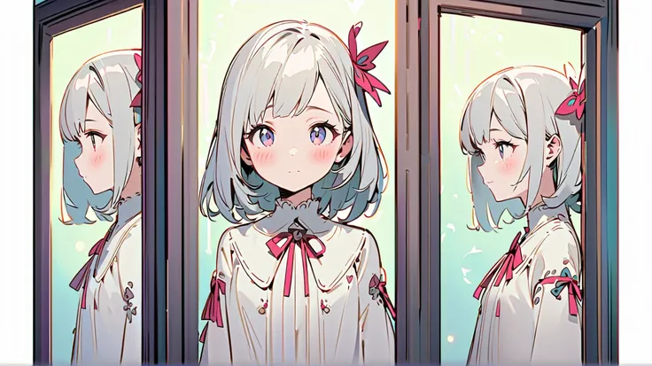  standing picture,  three-sided view（1 girl, full body, Grey Hair, stupid hair,  blushes, ribbons）, character design drawing