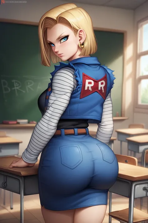  Android 18, blond hair, blue eyes, eyelash, hoop earrings, short hair, bowing, obscene,  big ass,  classroom,  inside the house, ((wearing a summer dress and showing PERFECT ASS)),  focus on butt , wearing summer dress, ((View behind)), bowing, good anato...