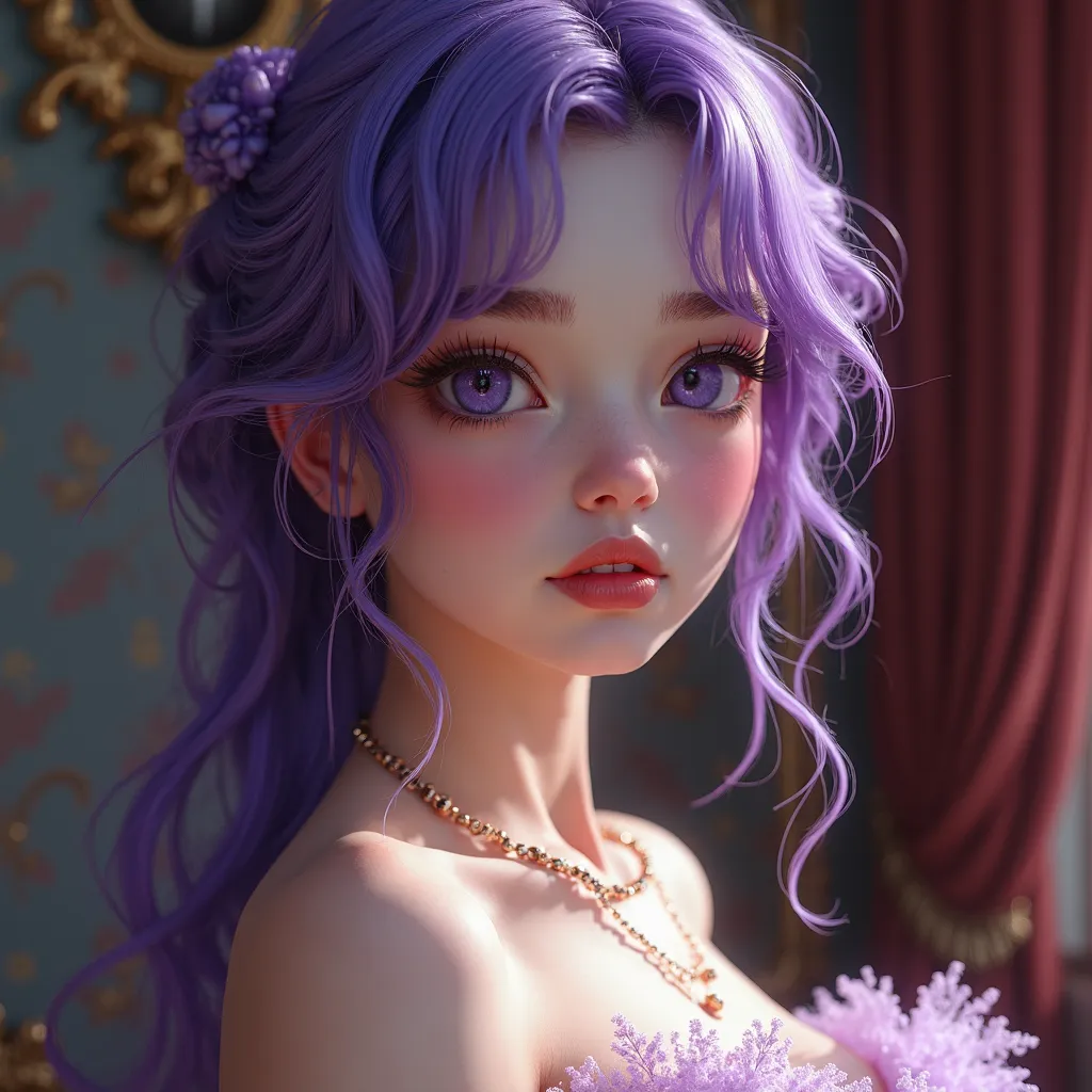 beautiful white woman with purple hair and big breasts, young, face focus, fair skin, ball gown, detailed facial features, elegant posture, serene expression, 5K, high quality, masterpiece, photorealistic, physically-based rendering, extreme detail, ultra-...