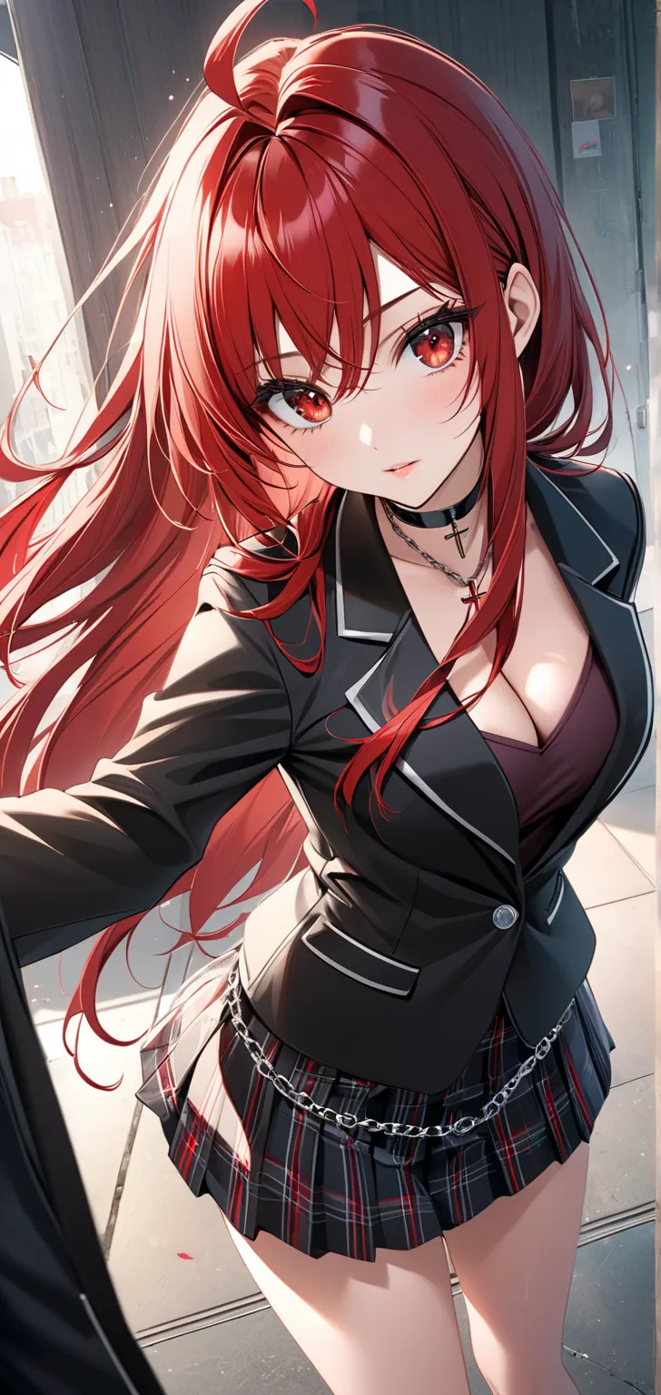 Ultra High Resolution, rich colors, Perfect image, t-shirt,  detailed image, Beautiful woman Kurai Eijirou, red hair, Ahoge, red eyes, choker,  cross chain , cleavage, black blazer, black jacket, plaid skirt ,  long hair 