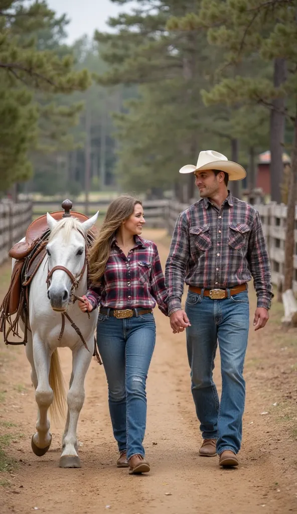 The image shows a man and a woman walking side by side in a rural setting, holding hands. The man is wearing a cowboy hat, a plaid shirt, jeans, and boots, while the woman is dressed in a plaid shirt, jeans, and a belt. They are walking alongside a white h...