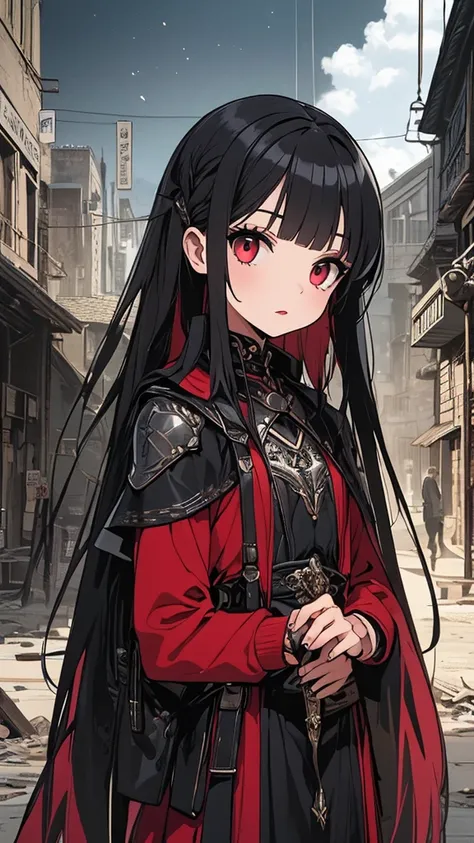 (best image quality),(girl holding a steel sword in her right hand),(girl dressed in dull, shining black iron armor),A girl around ,Girl holding a steel sword in her right hand,Petite,Small face,Small chest,Rin々 with dark eyes, black hair,straight long hai...