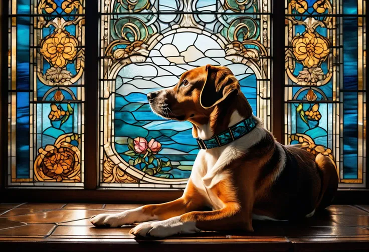 a close up of a dog sitting on a table with a stained glass window behind it, vector art inspired by Michaelangelo, pixabay, baroque, stained glass art, stained glass style, stained”, glowing stained glass backdrop, backlit stained glass, masterpiece stain...