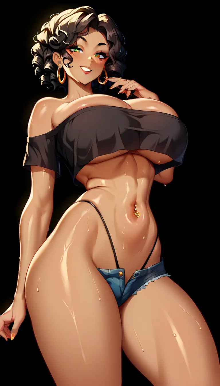 1 girl, kong black curly hair, dark skin tone, solo, curvy, thick thighs, very huge breasts, seductive smile, sultry eyes, golden hoop earrings, gold navel piercing, ruffled off the shoulder black crop top, micro short jeans, black thong strap, styled hair...