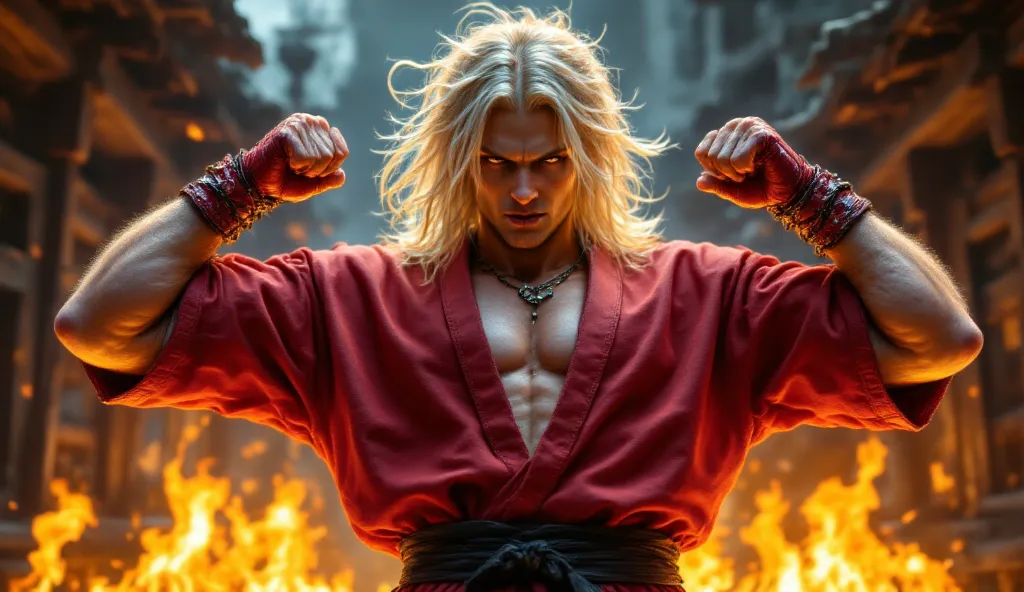 Chris Hemsworth como Ken Masters de Street Fighter,  wearing a torn red gi , untidy blond hair , red fighting gloves ,  in a confident pose with surrounding flames. Bottom:  an urban fighting arena at night ."