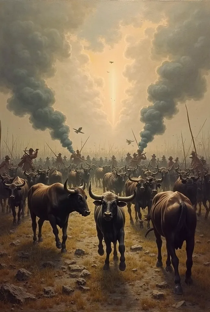 A painting that has the subject of the civil war in my painting I want 
A symbol of peace inside in the middle of a chaos young bulls and horses attacking people and people fleeing to a light source 
