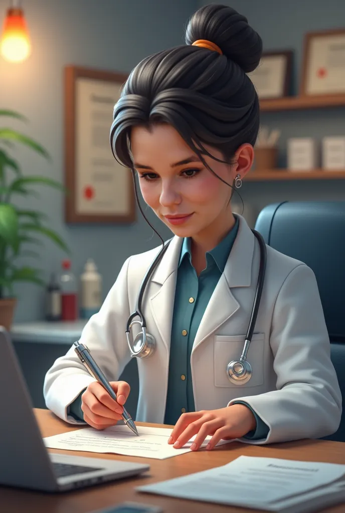 I want an image of myself as a veterinarian,  in white coat, in a doctor's office sitting in an office chair drafting a prescription. Use your face as a reference though 