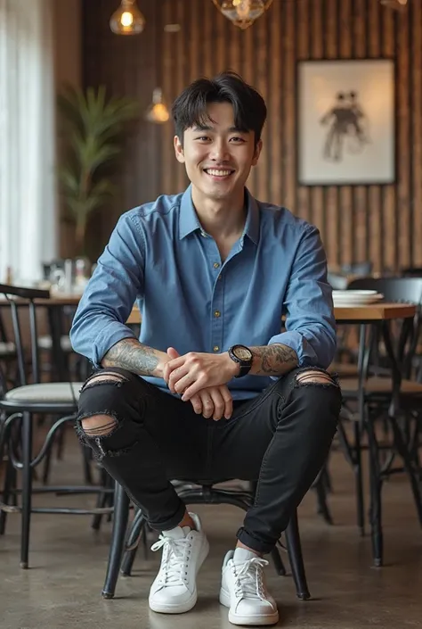 Full professional photography of a Korean guy wearing blue shirt sleeves ny white color long illustrated, black jeans ripped white sports shoes she was sitting smiling in restaurant wearing watch, tattooed hands 
Modern minimalist house foreground 