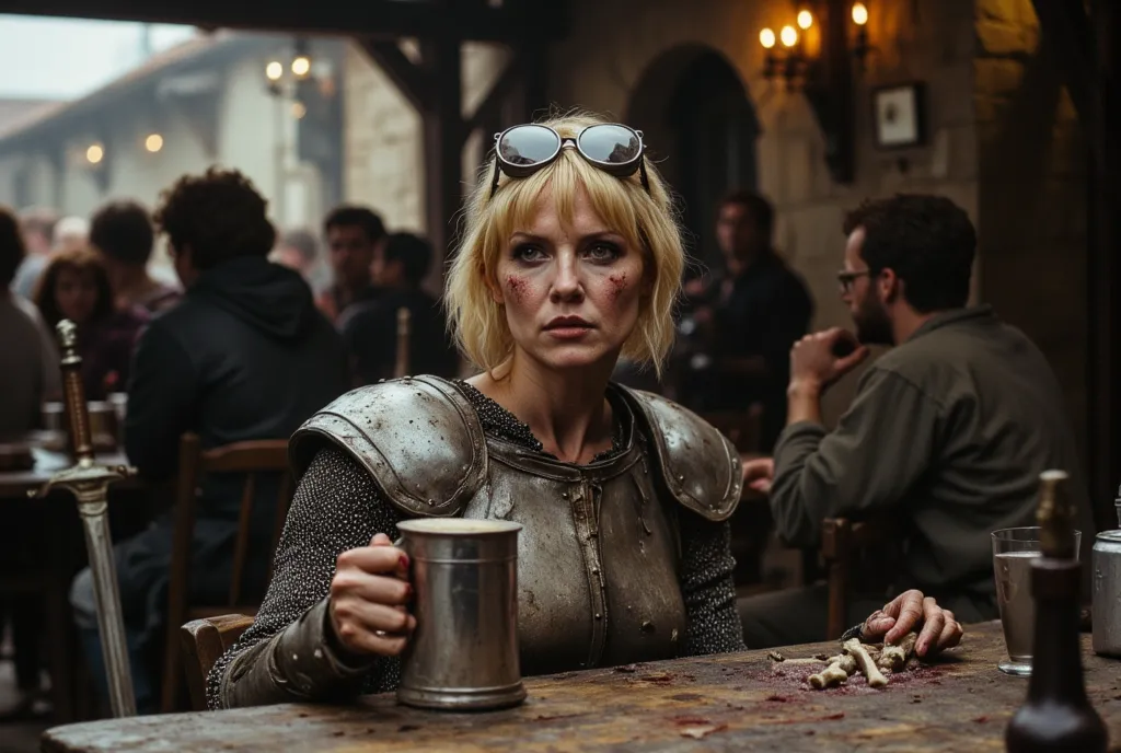 A haggard, matronly Caucasian woman paladin in dented, blood-streaked platemail armor sitting at a scarred picnic table in a crowded, soot-choked medieval beergarden, short asymmetrical blonde bob haircut matted with grime and highlights dulled by ash, pal...